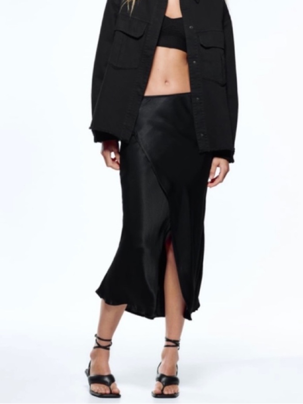 Zara Black Gothic Satin Effect Front & Back Slit Midi Skirt Sz S